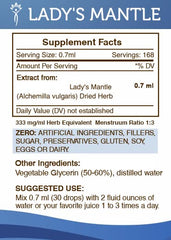 Secrets of the Tribe Ladys Mantle tincture pouring image emphasizing alcohol-free liquid extract