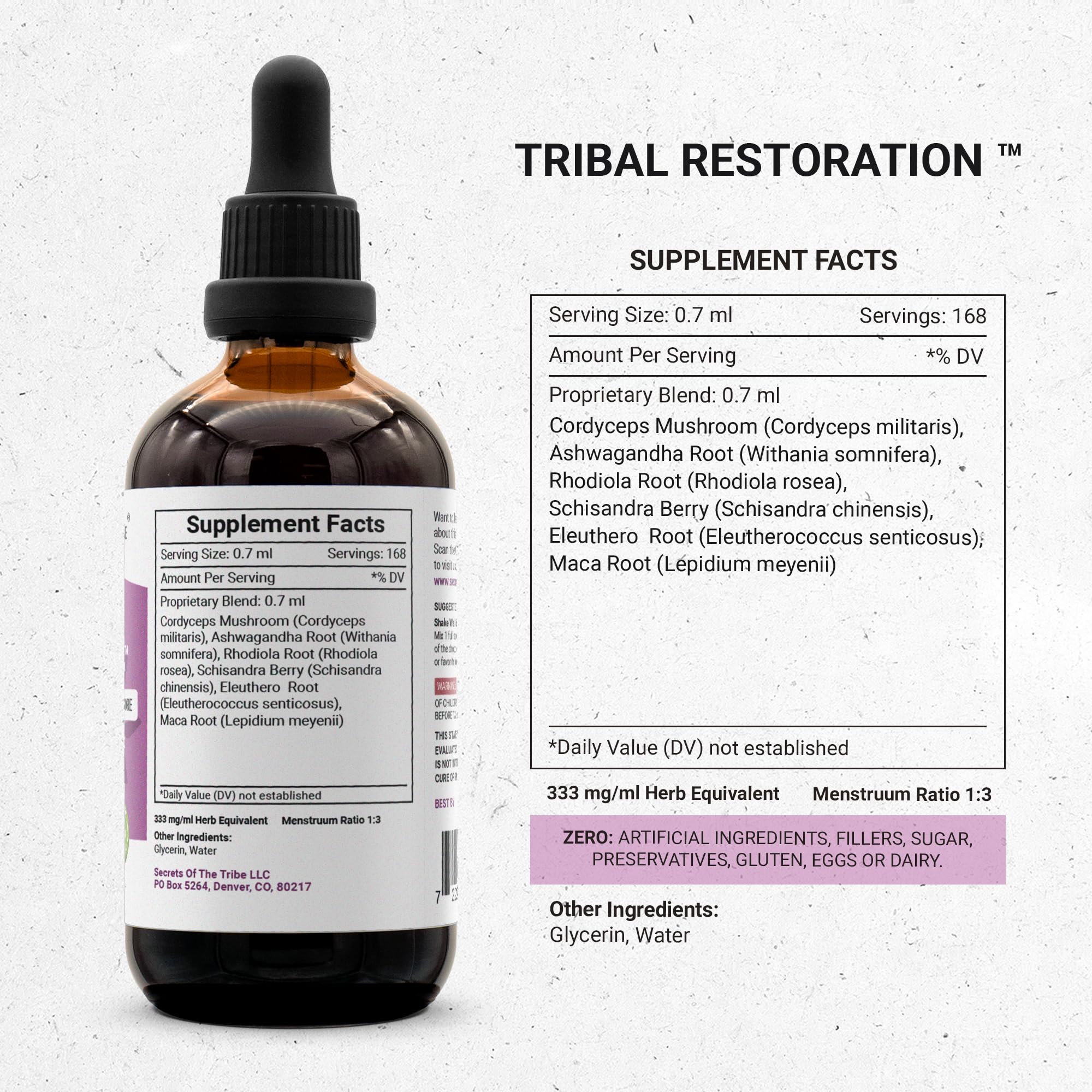 Secrets of the Tribe tribal restoration drops pipette for precise dosing.
