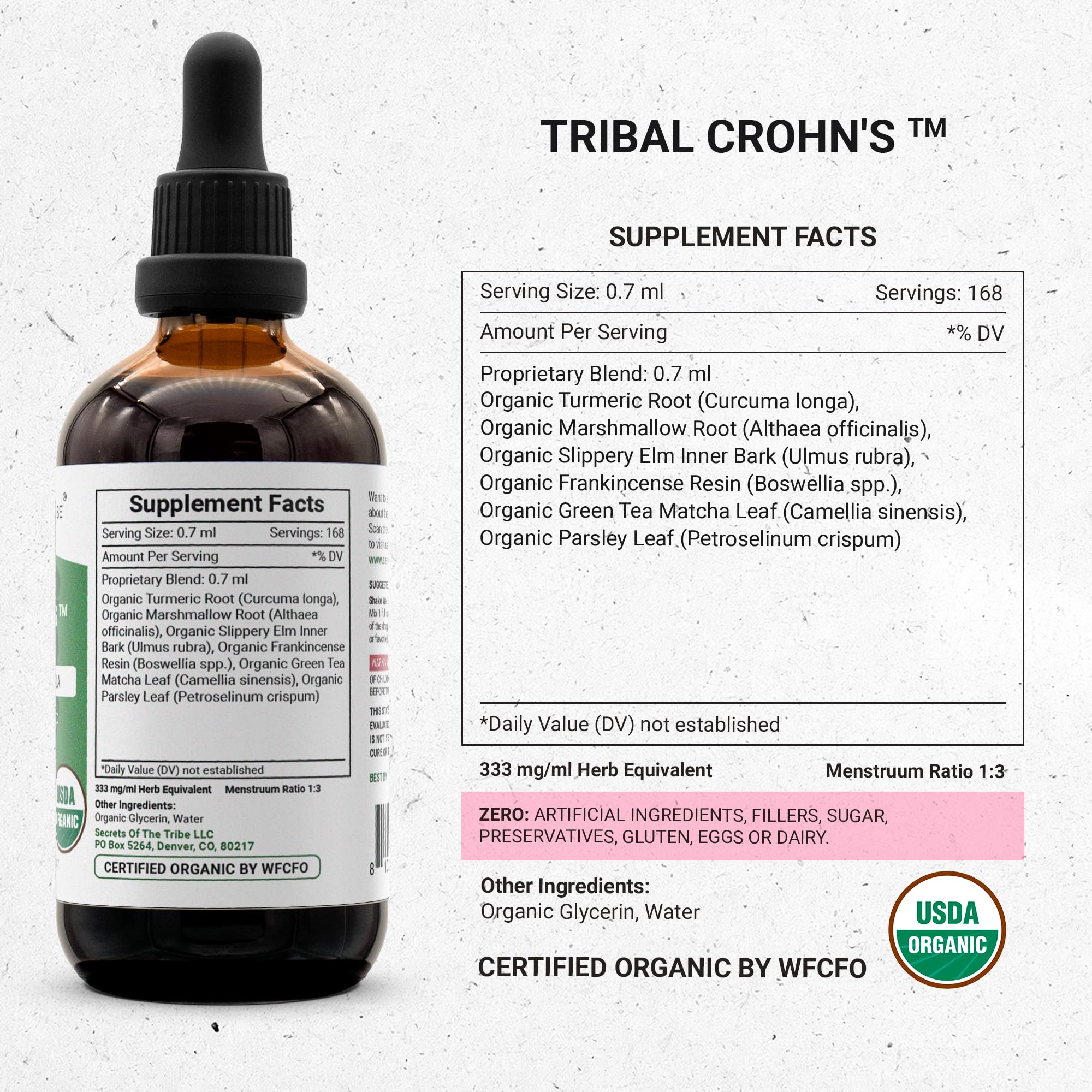 Secrets of the Tribe turmeric root bottle closeup with vibrant color
