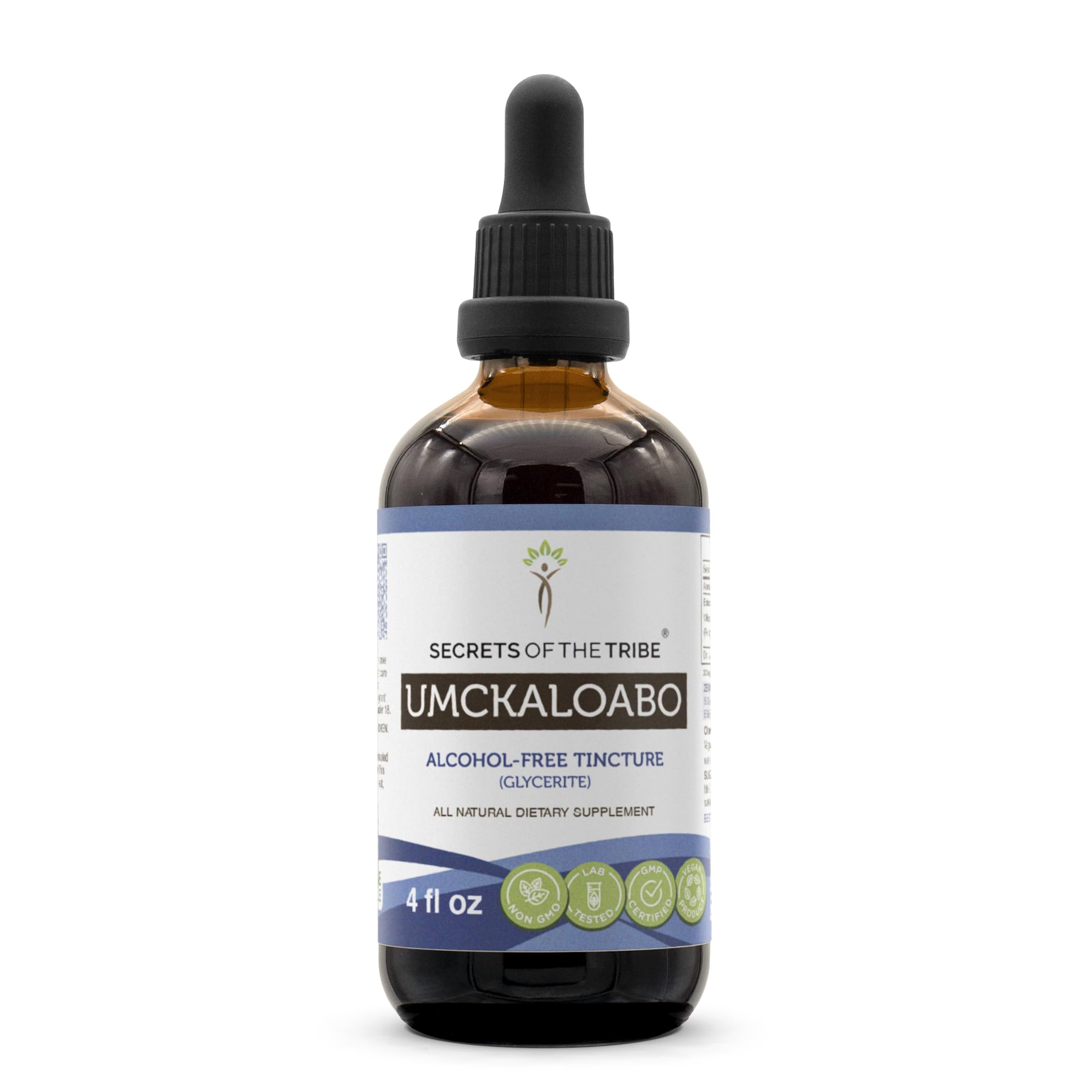 Secrets of the Tribe Umckaloabo tincture bottle, alcohol-free extract for daily use