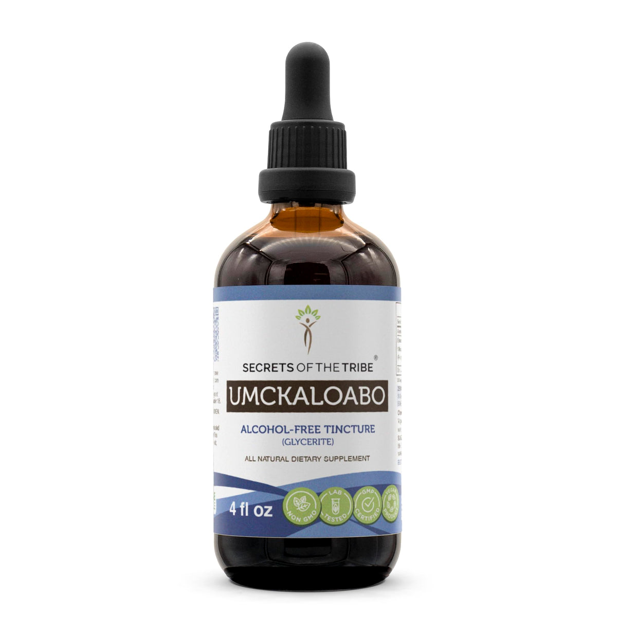 Secrets of the Tribe Umckaloabo tincture bottle, alcohol-free extract for daily use