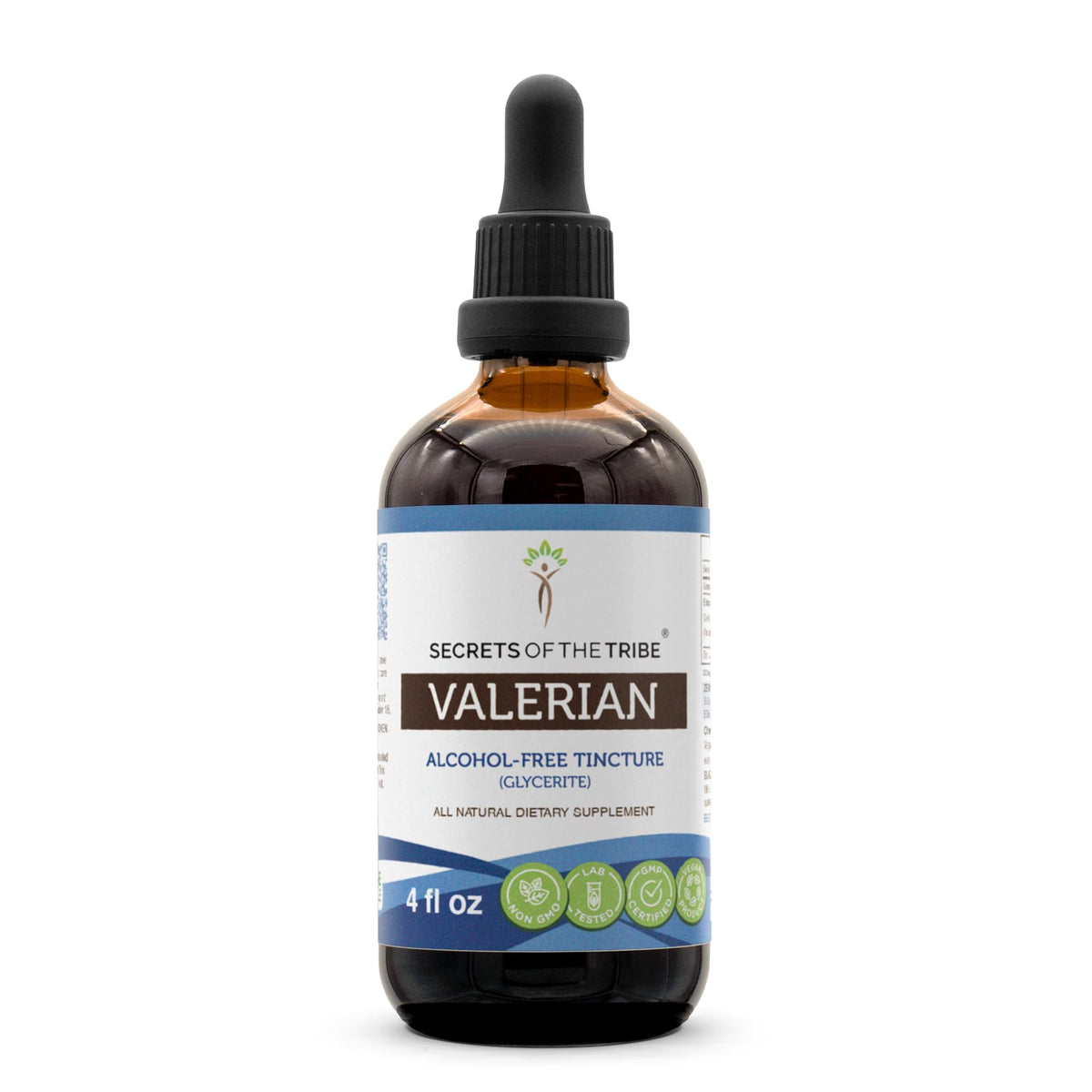 Secrets of the Tribe Valerian tincture bottle closeup reflecting alcohol-free glycerite for gentle sleep support