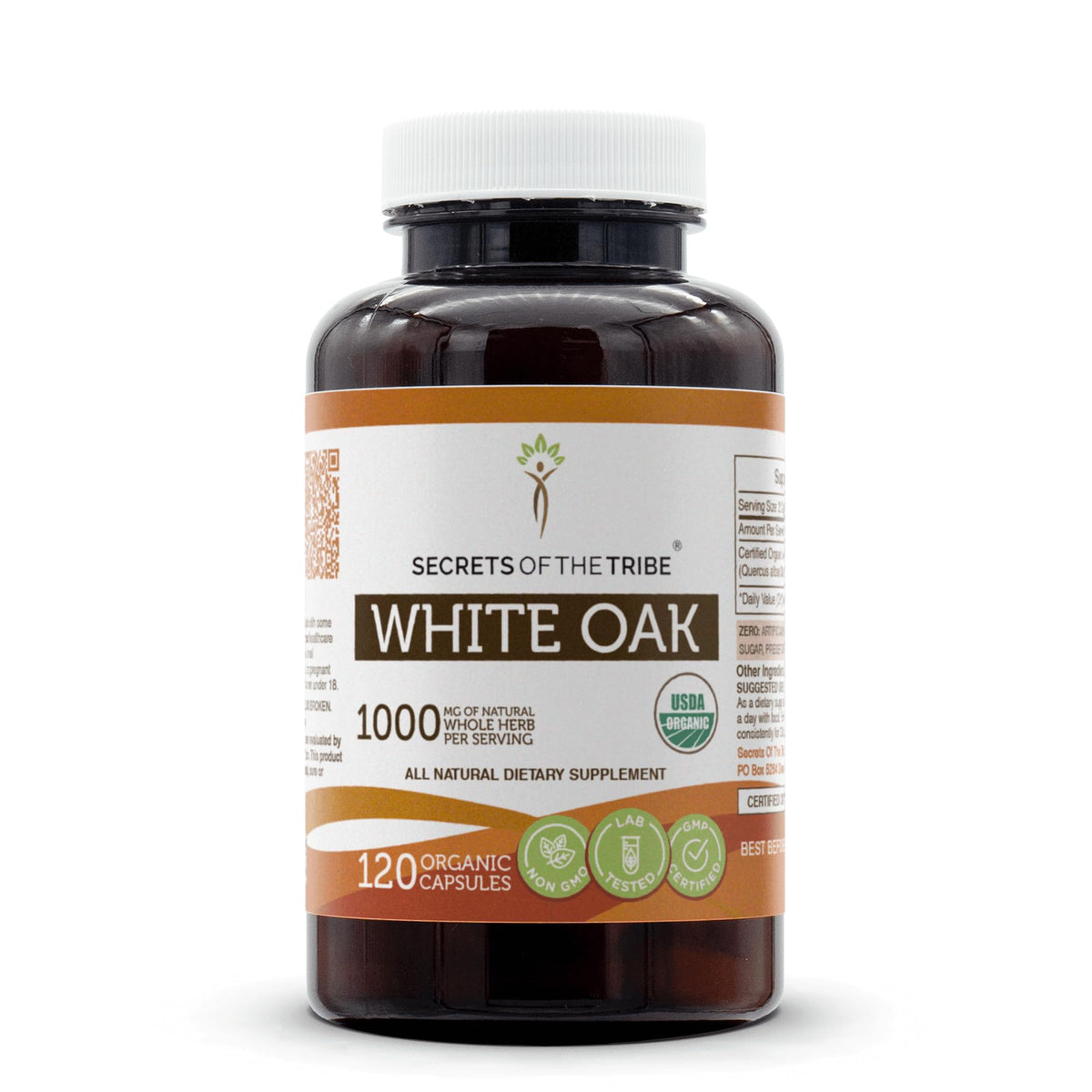 Secrets of the Tribe White Oak bottle front with organic capsules for daily wellness