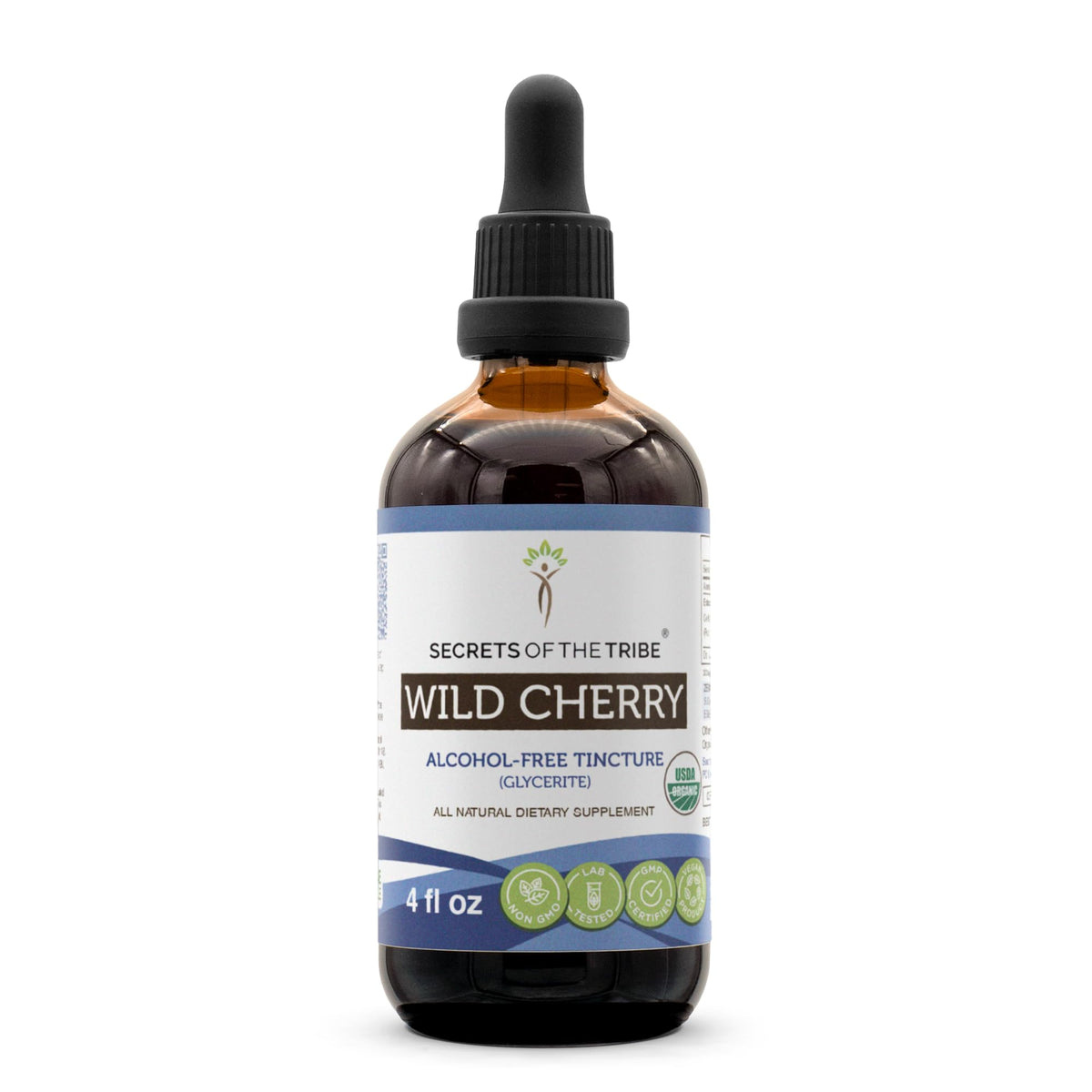 Secrets of the Tribe Wild Cherry bottle pour highlights alcohol-free herbal drops