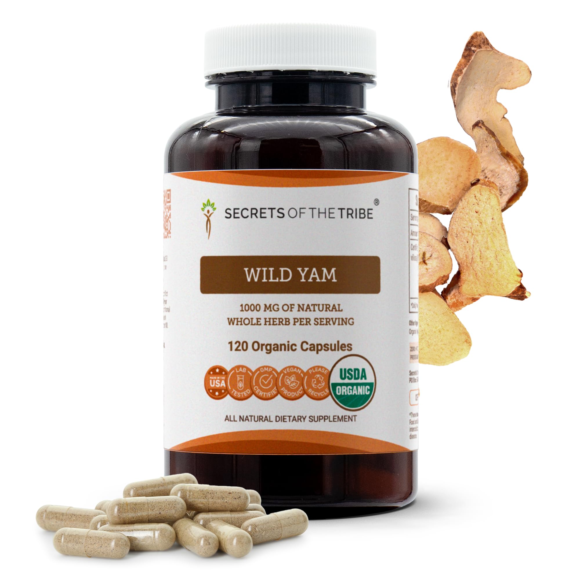 Secrets of the Tribe Wild Yam Capsules bottle front for daily plant-based routine.