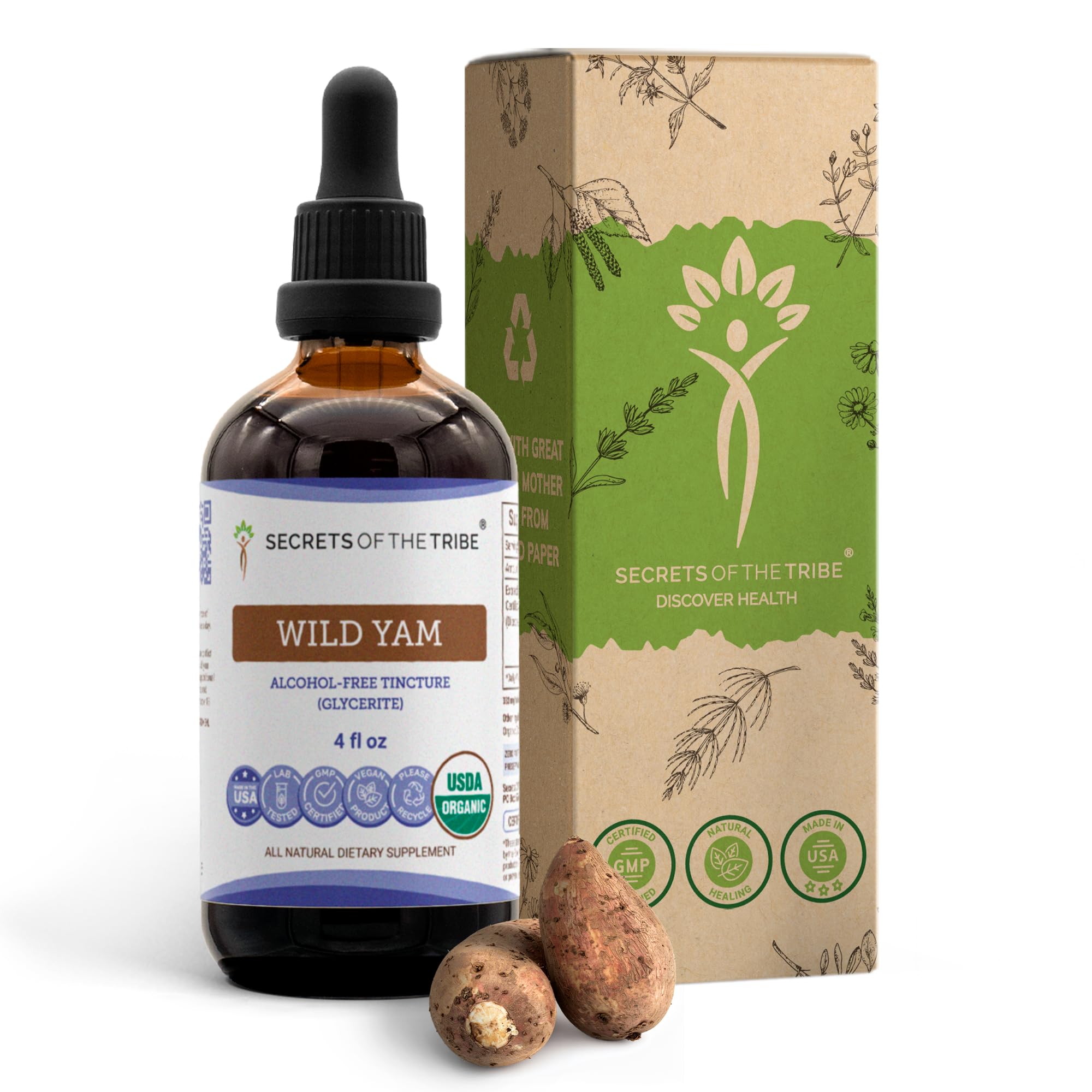 Secrets of the Tribe Wild Yam tincture bottle ready for daily use, a vegan, alcohol-free option.