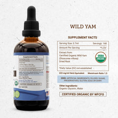 Secrets of the Tribe Wild Yam tincture label highlights organic, clean ingredients and US-made quality.