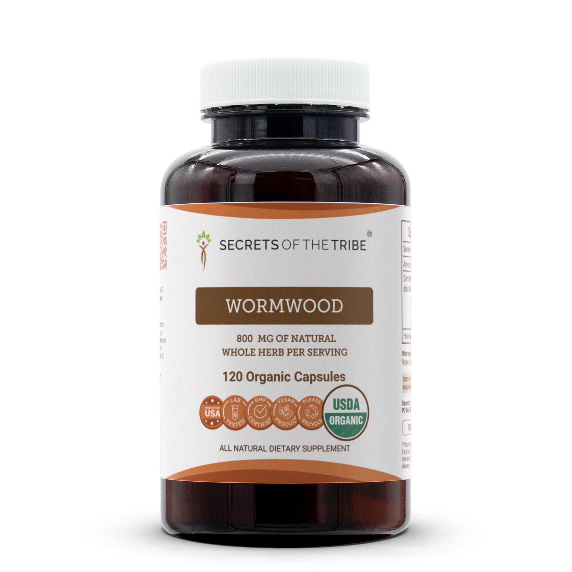 Secrets of the Tribe Wormwood capsules bottle showing pure organic formula for daily herbal support.