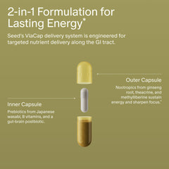 Seed AM-02 capsule inner-layer highlights gut-brain axis prebiotics and postbiotics.