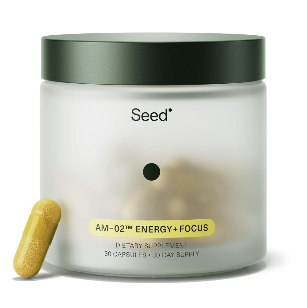 Seed AM-02 energy and focus bottle for a fast, caffeine-free daily lift.