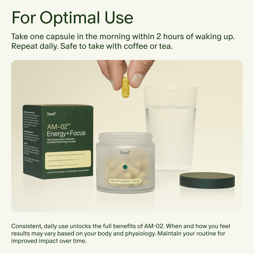 Seed AM-02 vegan capsules suitable for plant-based lifestyles.