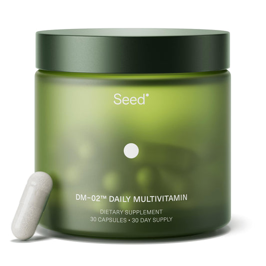 Seed DM-02 daily multivitamin bottle showing 20 essential nutrients for daily wellness