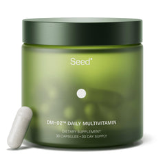 Seed DM-02 daily multivitamin bottle showing 20 essential nutrients for daily wellness
