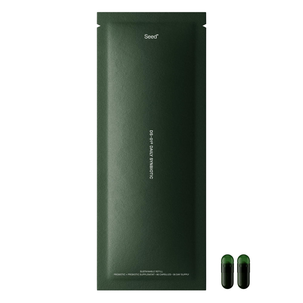 Seed DS-01 daily synbiotic bottle front for convenient daily gut support.