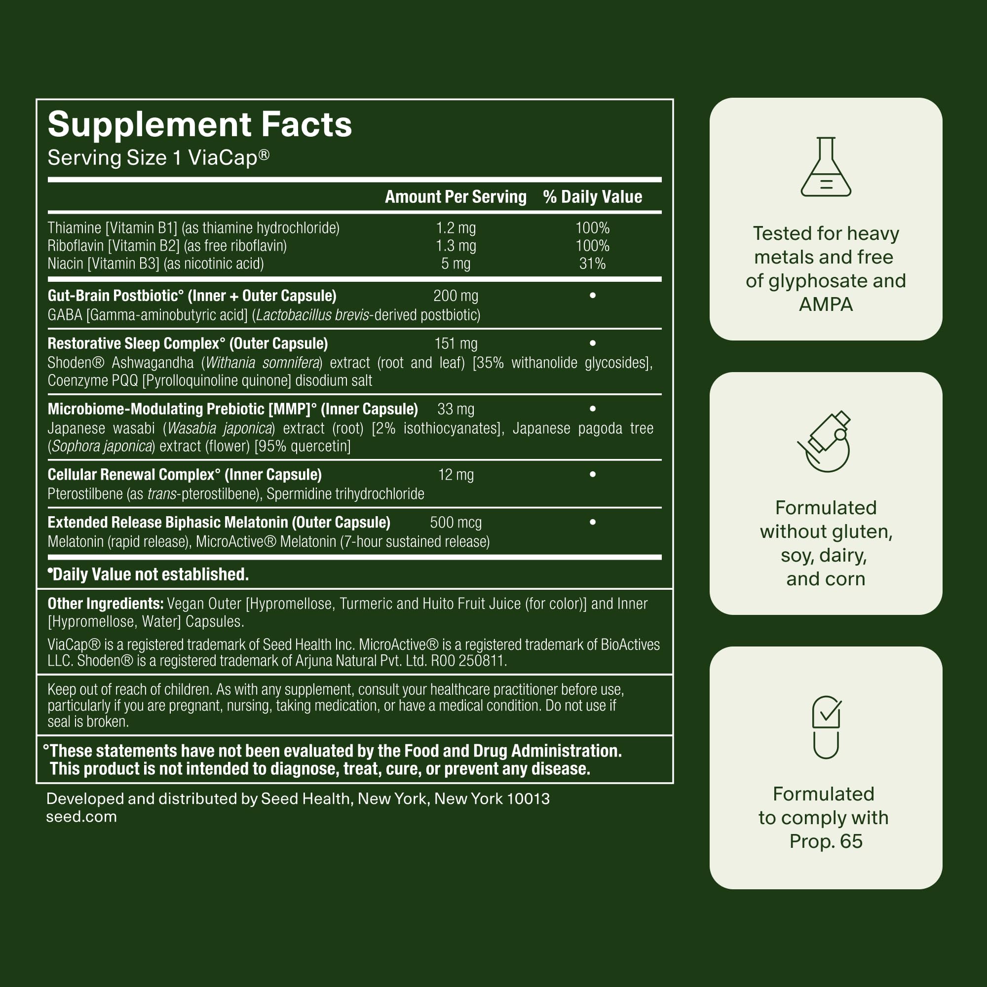 Seed PM-02 vegan shelf-stable label signaling plant-based sleep support