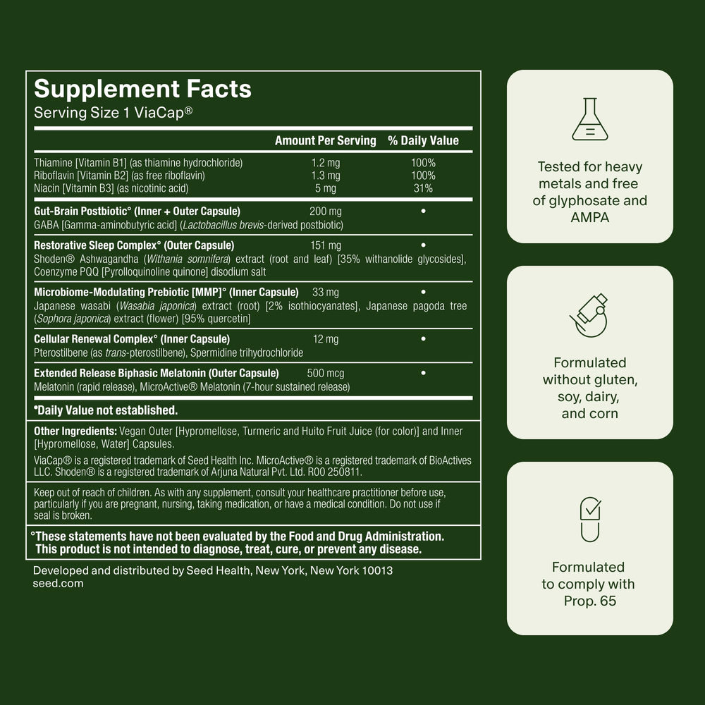 Seed PM-02 vegan shelf-stable label signaling plant-based sleep support