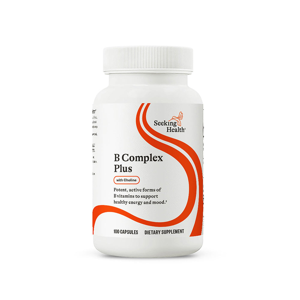 Seeking Health B Complex Plus bottle with capsules for daily energy support.