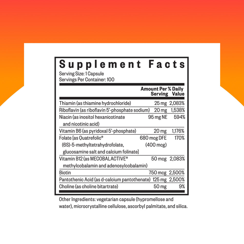Close-up of Seeking Health B Complex Plus capsules highlighting compact daily nutrition.
