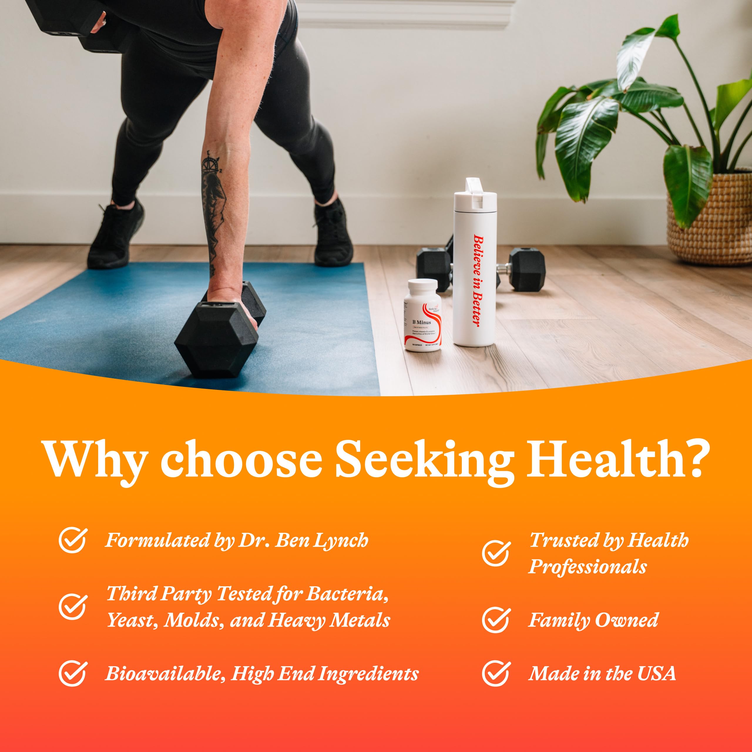 Seeking Health B-Minus seal close-up conveys quality and safety.