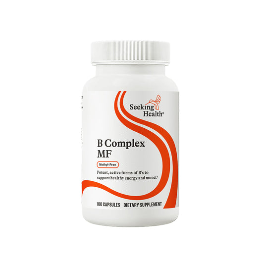 Seeking Health B Complex MF bottle front showing label and capsules for energy support