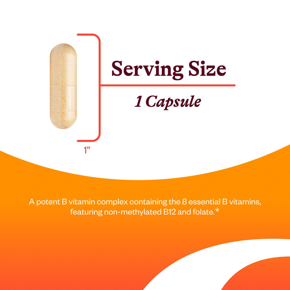 Bottle side lists non-methylated B12 and folate forms for flexible supplementation