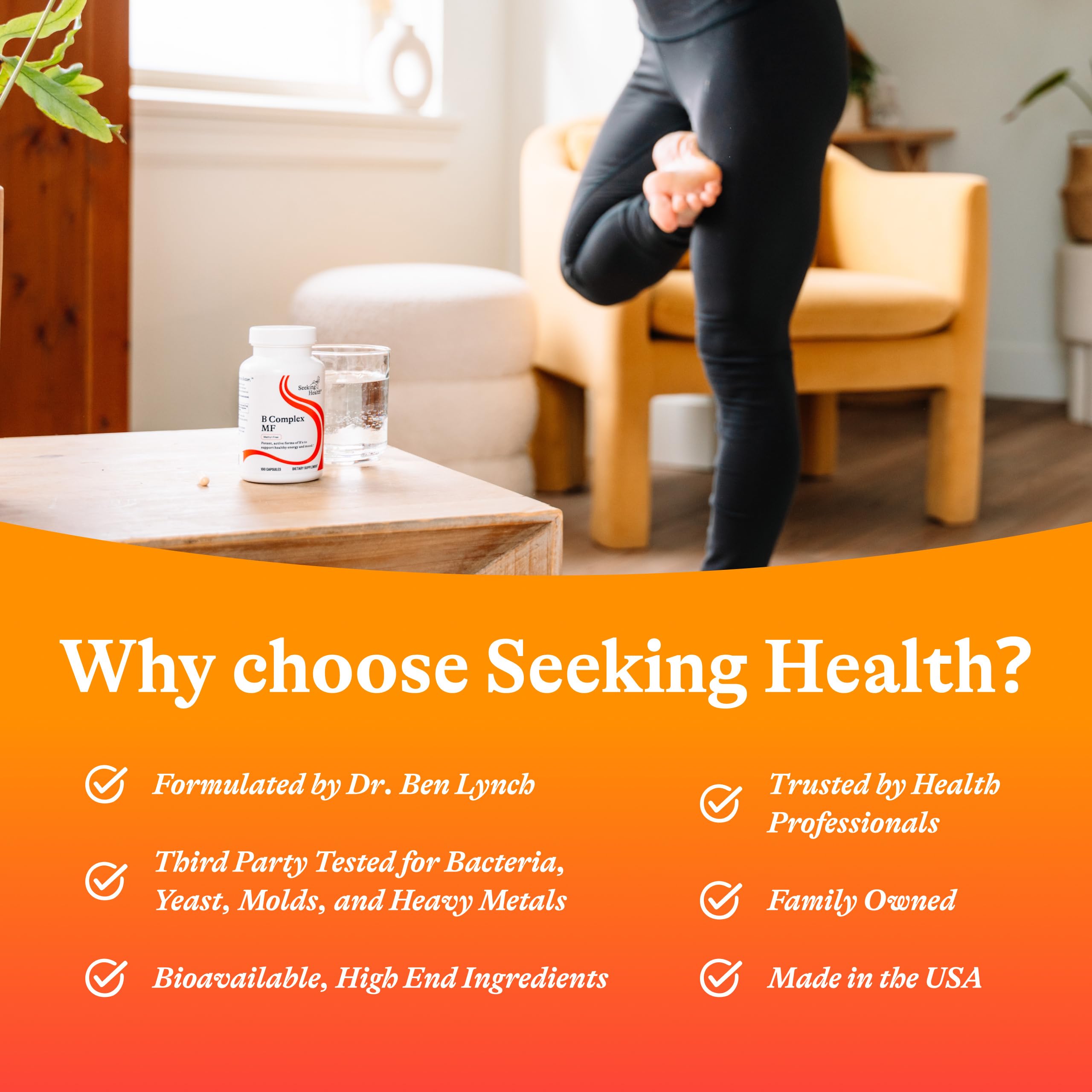 Glass of water beside Seeking Health B Complex MF bottle for simple daily intake