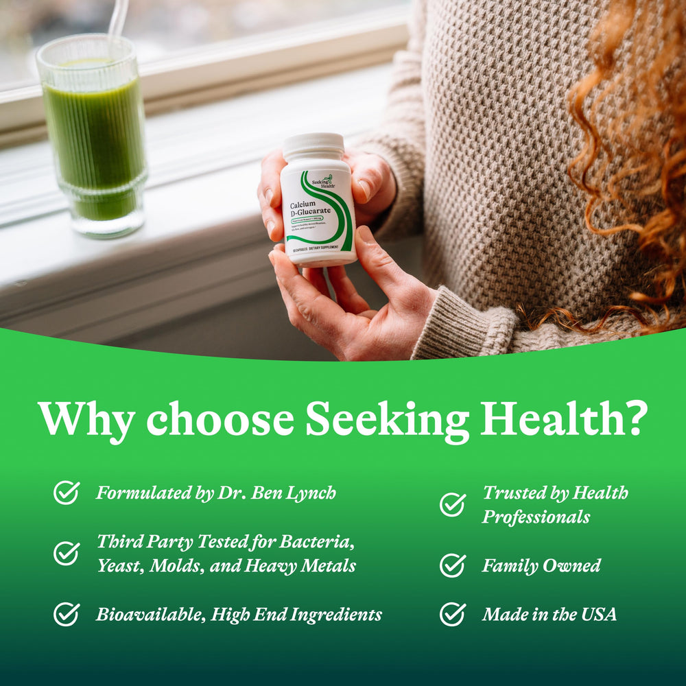 Seeking Health Calcium D-Glucarate spoon shows measured serving for consistency.