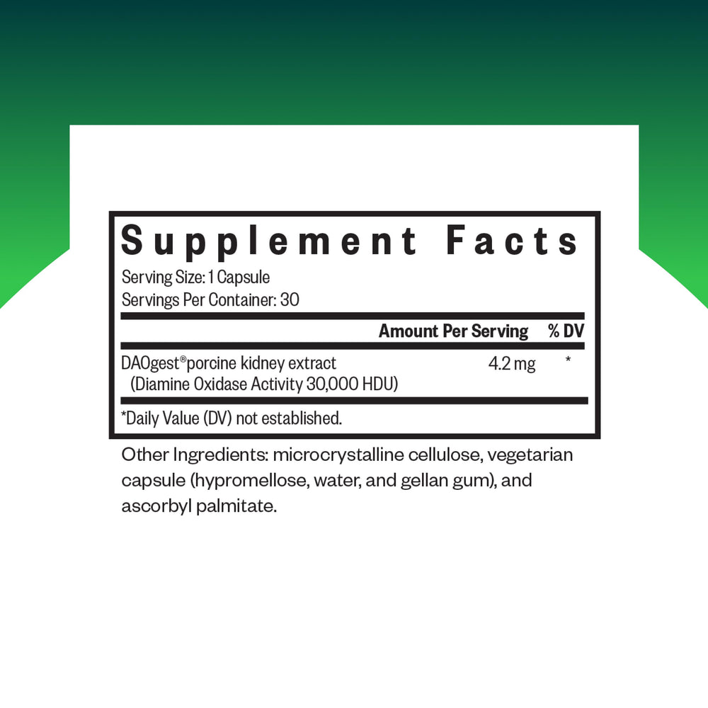 Seeking Health DAO Enzyme bottle back label with supplement facts for informed choice.