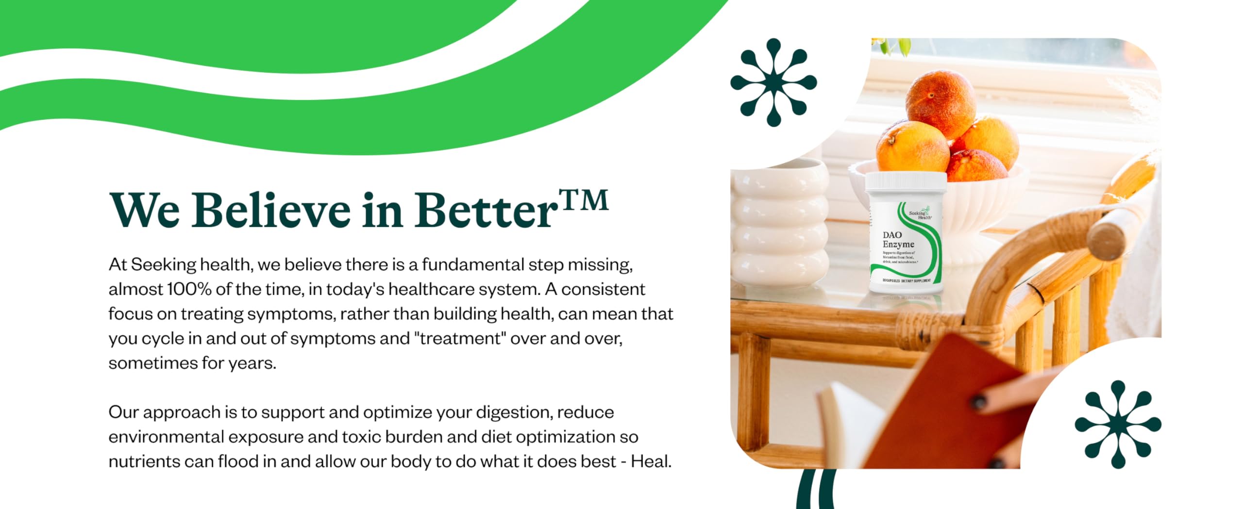 Seeking Health DAO Enzyme product shot highlighting 30 capsule count for easy daily use.