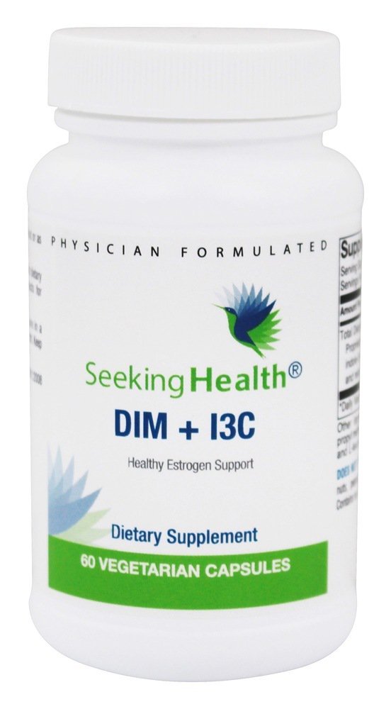 Seeking Health DIM and I3C bottle illustrating potential estrogen balance support.