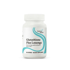 Seeking Health Glutathione Plus lozenge bottle highlights 25 mg per lozenge for immune support.
