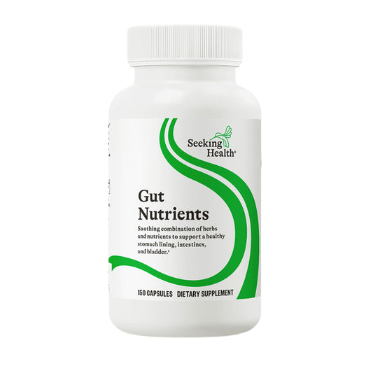 Seeking Health Gut Nutrients bottle front with capsules for daily gut support.