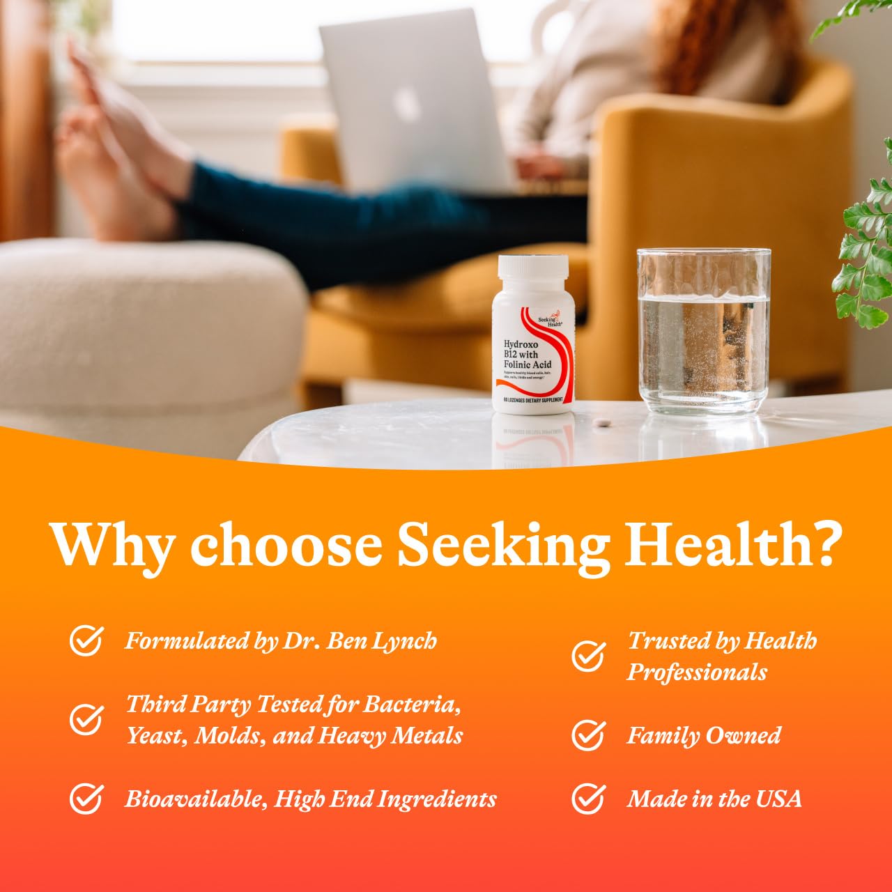 In-use scene reflects morning routine with Hydroxo B12 lozenge