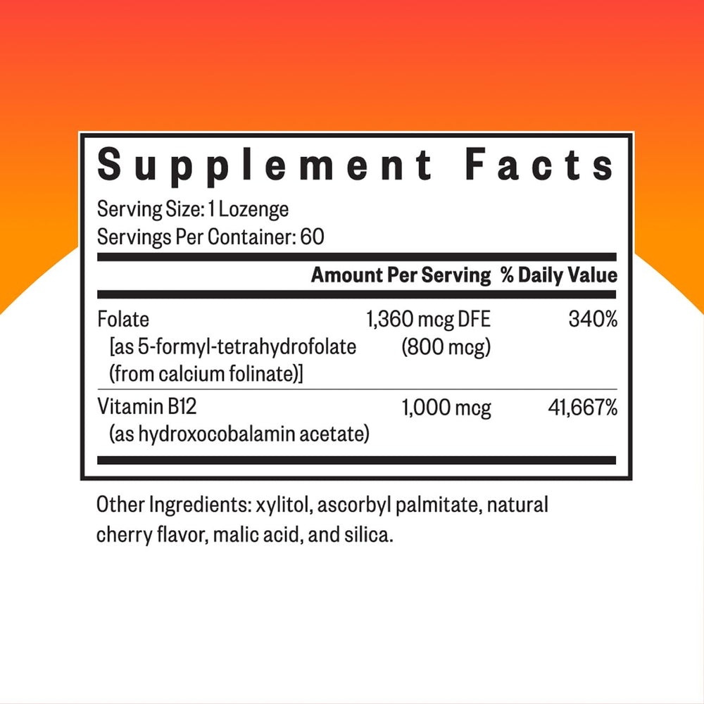 Label closeup of Hydroxo B12 lozenge highlights folinic acid detail