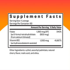 Label closeup of Hydroxo B12 lozenge highlights folinic acid detail