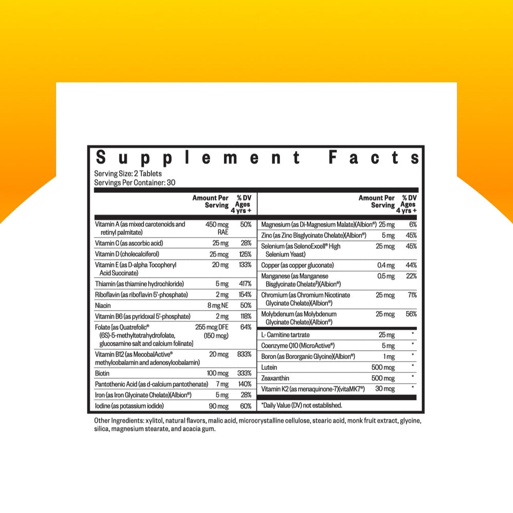 Seeking Health Kids Multivitamin Chewable bottle side view highlights ingredients for steady daily energy.