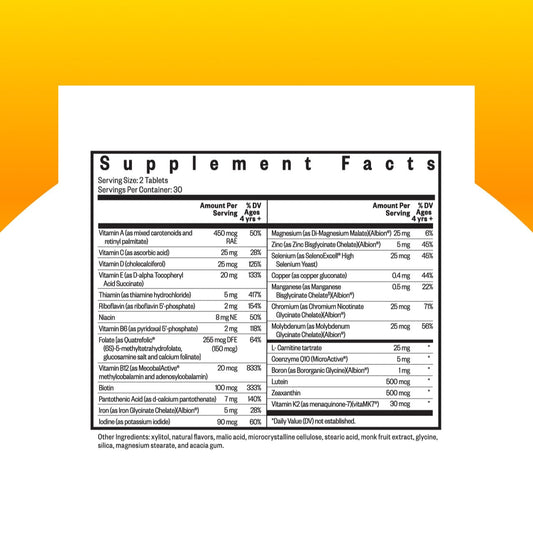 Seeking Health Kids Multivitamin Chewable bottle side view highlights ingredients for steady daily energy.