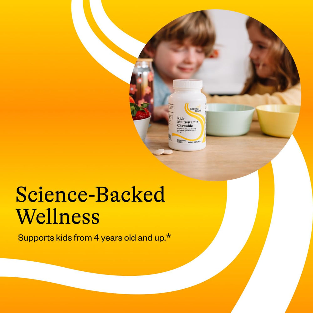 Seeking Health Kids Multivitamin Chewable label closeup emphasizes vegetarian-friendly formula and essential minerals.