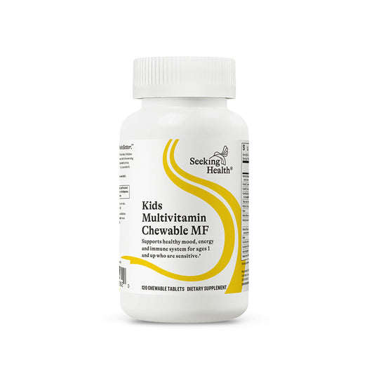 Seeking Health Kids Multivitamin MF bottle on a clean counter for daily nutrition