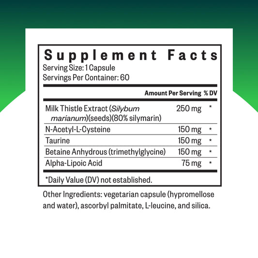 Seeking Health Liver Nutrients ingredient list showing NAC and milk thistle for liver function.