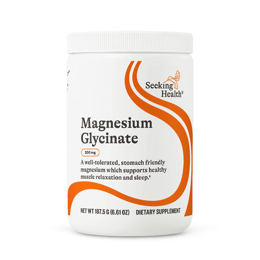 Seeking Health Magnesium Glycinate Powder jar label showing 200 mg per serving for relaxation