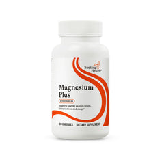 Seeking Health Magnesium Plus bottle with label and cap, hinting at bone and sleep support