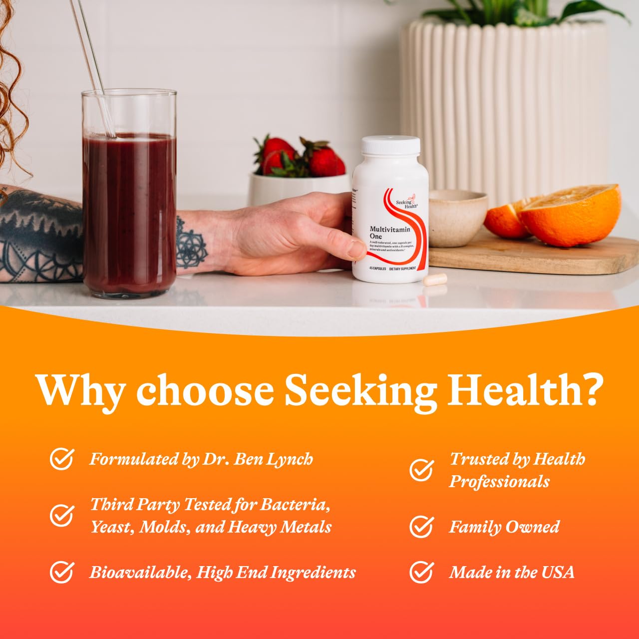 Seeking Health Multivitamin One bottle front highlighting magnesium-free formula
