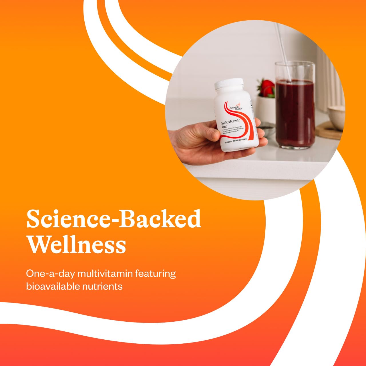 Label closeup of Seeking Health Multivitamin One showing zinc and B12 details