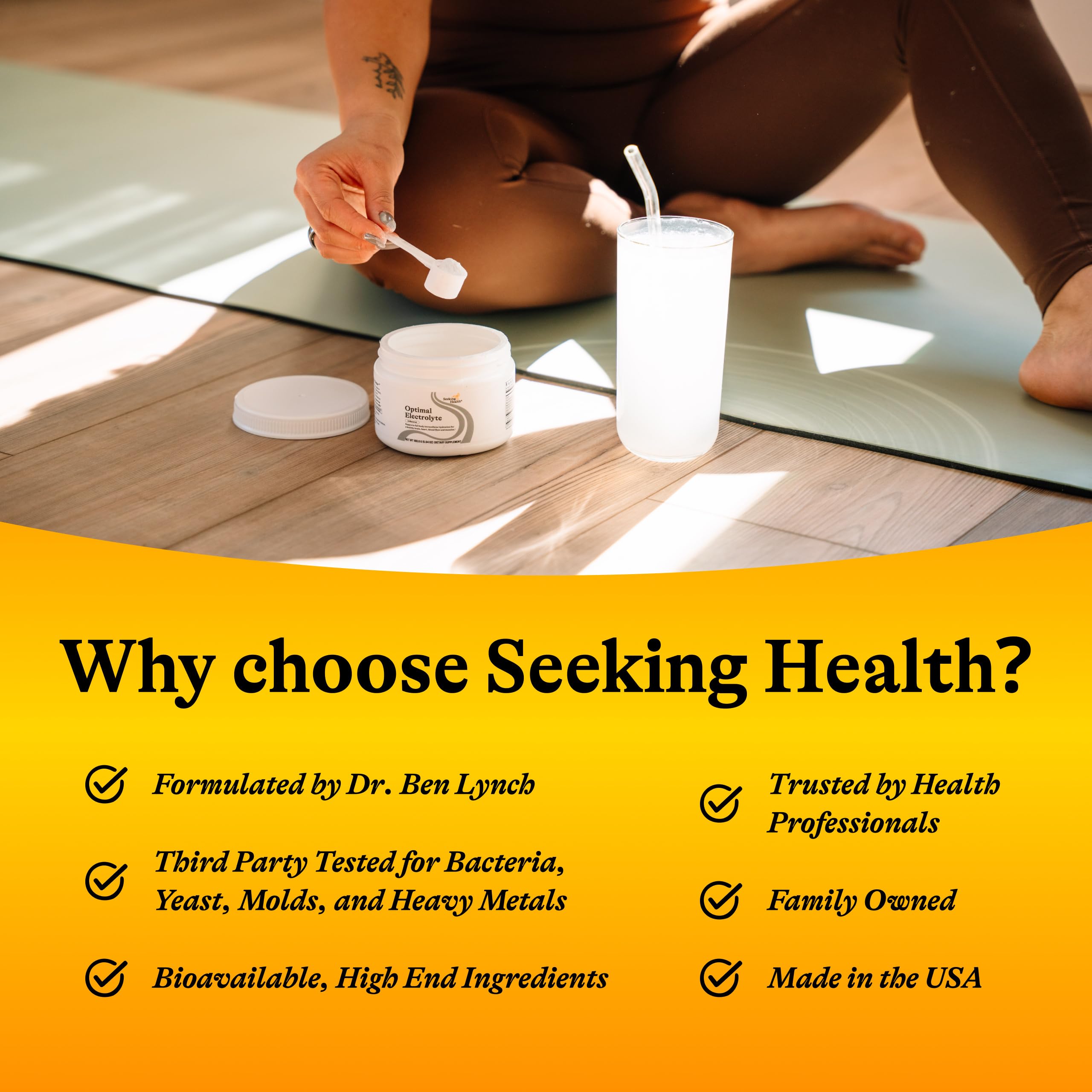 Seeking Health Optimal Electrolyte Powder tin packaging emphasizes sustainable hydration options.