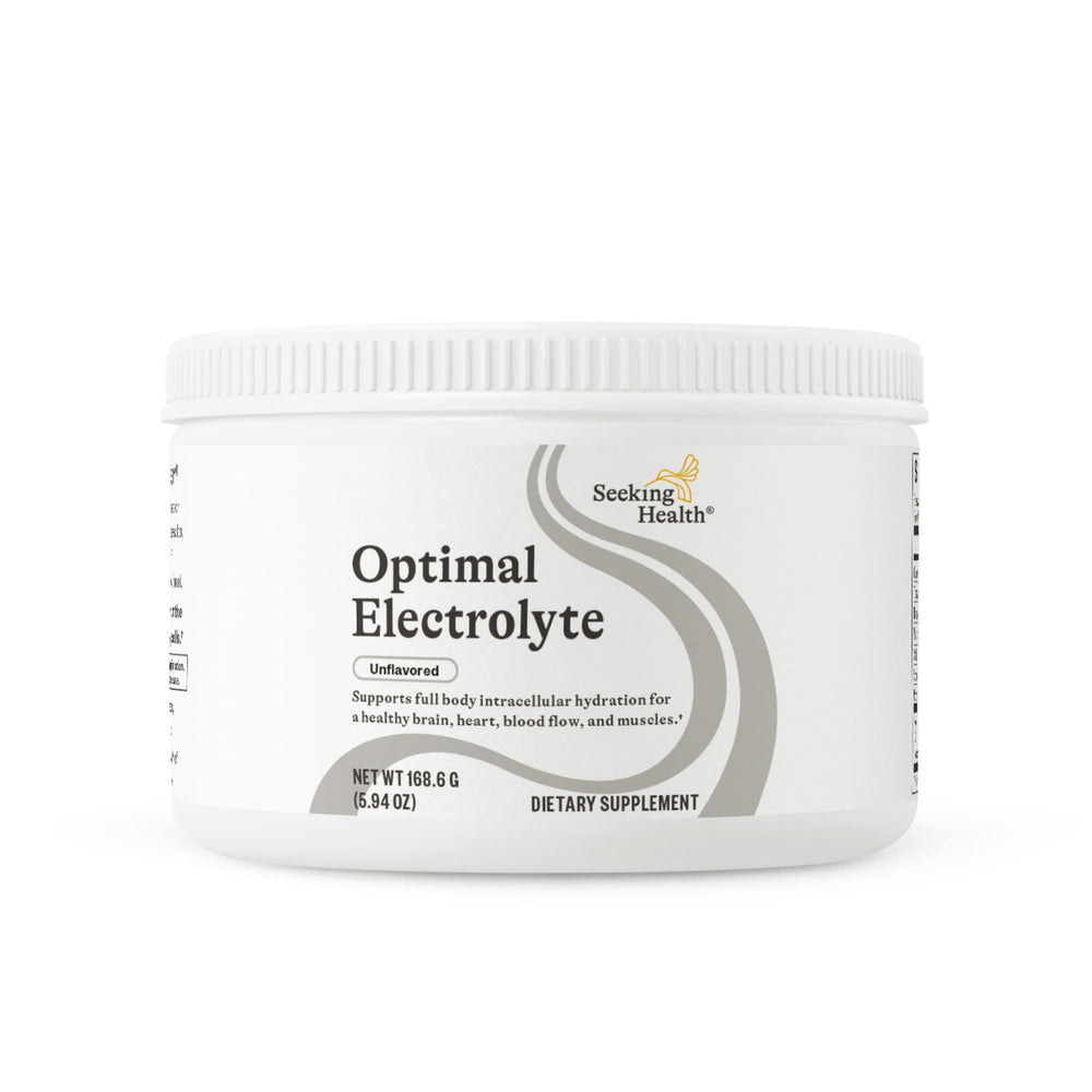 Seeking Health Optimal Electrolyte Powder unflavored bottle supports hydration and steady energy.