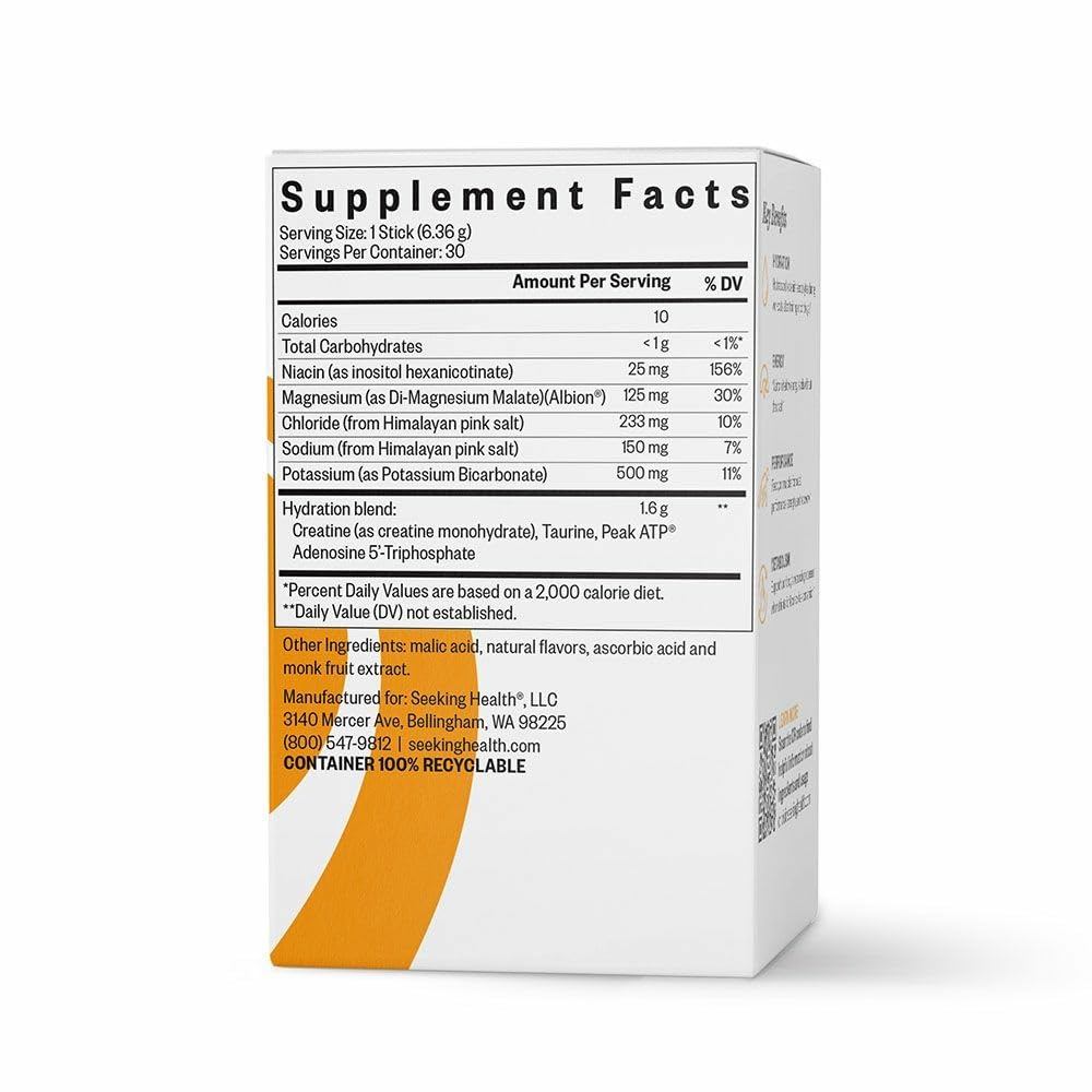 Glass of orange-flavored Seeking Health Electrolyte Sticks drink highlighting refreshing hydration.