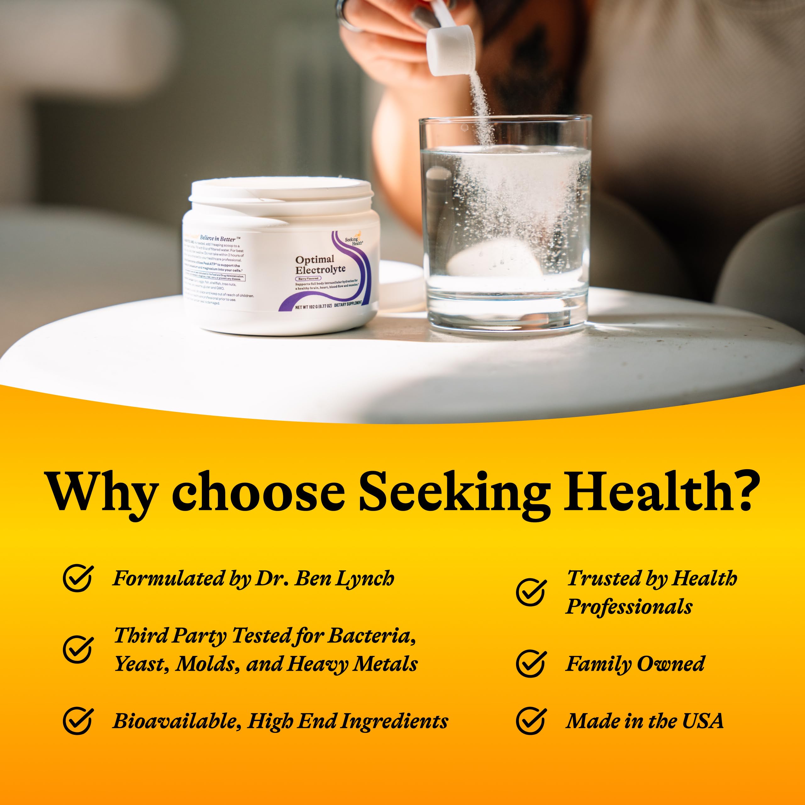 Seeking Health Electrolyte powder in water cup illustrates quick hydration.