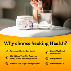 Seeking Health Electrolyte powder in water cup illustrates quick hydration.