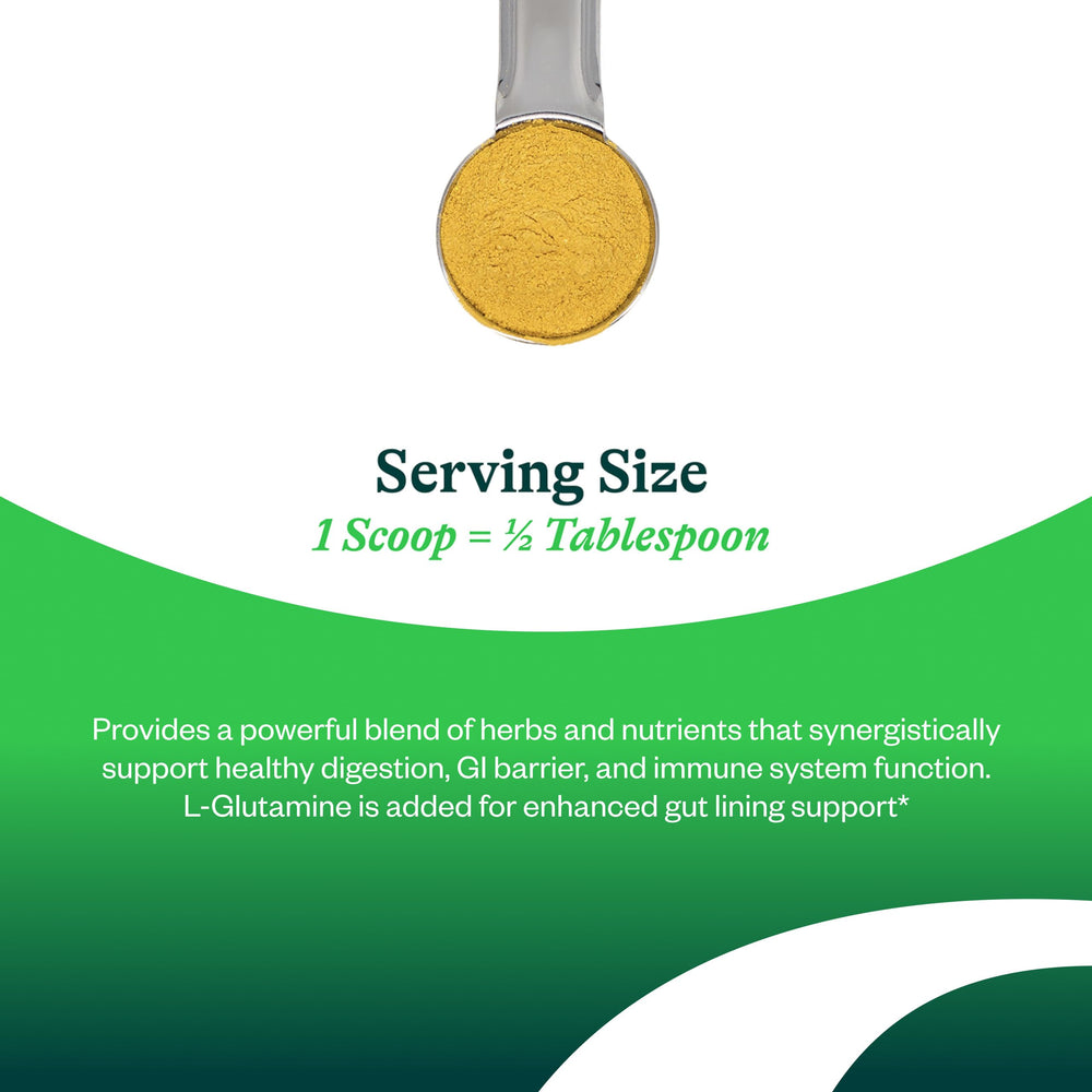 Seeking Health Optimal GI Plus peach powder with measuring scoop ready to mix for daily digestive comfort.